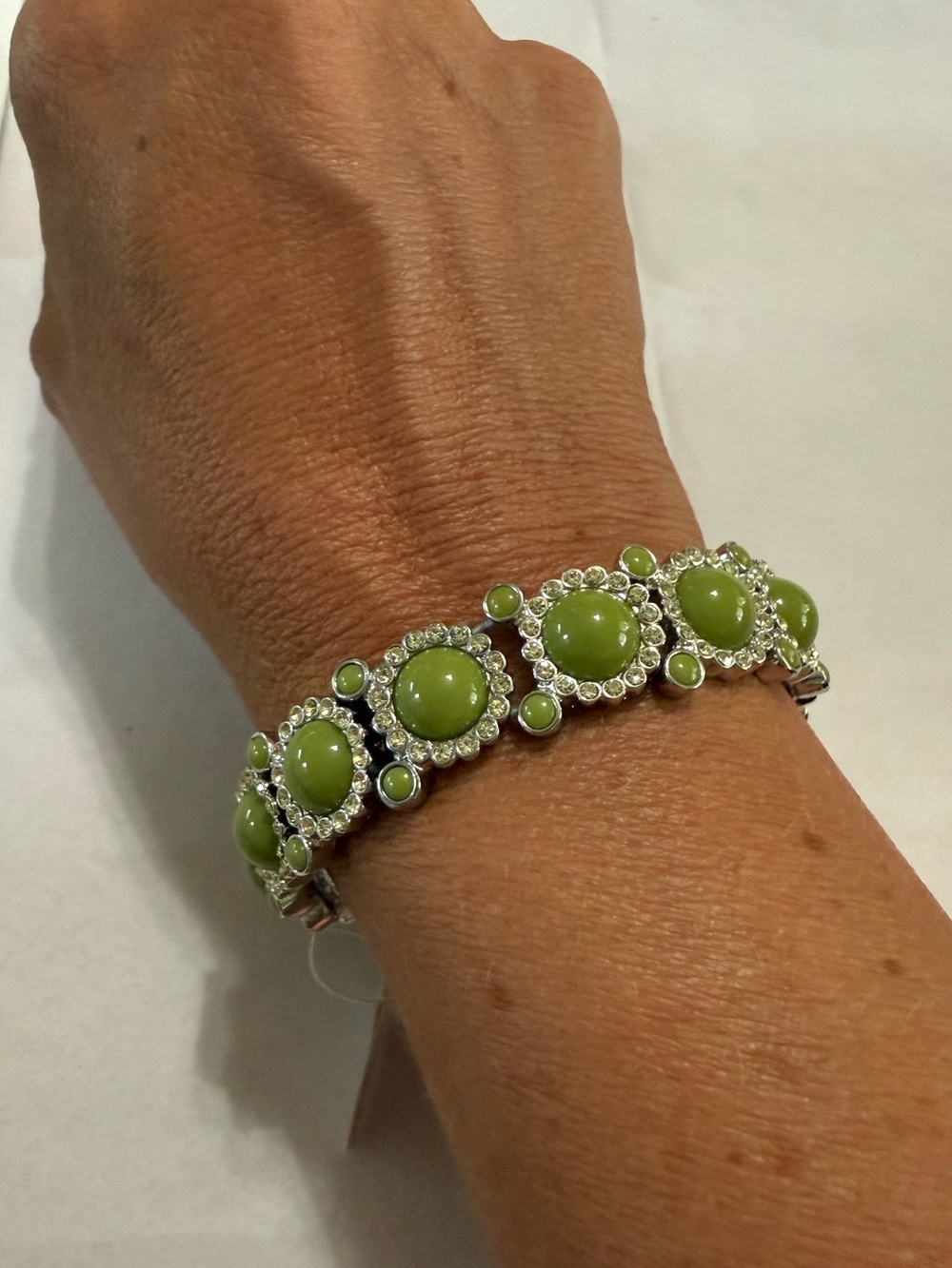 Lia Sophia Silver Tone Green Beaded Stretch Bracelet